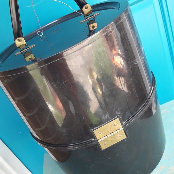 Vintage Hat Box Mid Century Modern Wig Bag Tall Suit Case Mod 60s Art Deco w Lid - Picture 16 of 16